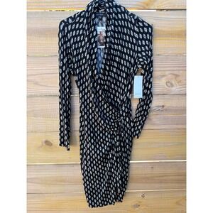 Karen Kane New Wave Cascade Wrap Dress Black White Geometric Diamond 4L16152 S